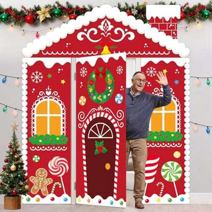 Christmas Gingerbread House Decorations Set with Door Covers & Backdrop - Holiday Porch Signage