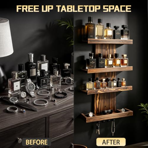 Wall-Mounted Cologne Organizer for Men, 4-Tier Wooden Perfume Shelf