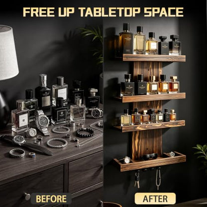 Wall-Mounted Cologne Organizer for Men, 4-Tier Wooden Perfume Shelf