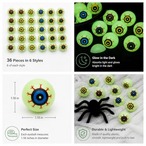 Glow in the Dark Plastic Fake Eyeballs 36-Pack for Halloween Crafts & Pranks
