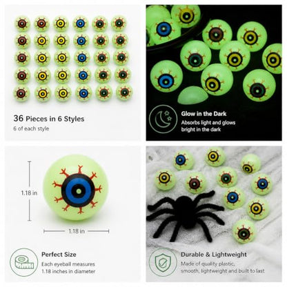 Glow in the Dark Plastic Fake Eyeballs 36-Pack for Halloween Crafts & Pranks