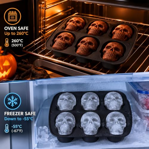 Skull Silicone Mold 6 Cavity Cake Pan for Halloween Baking and Ice Cubes