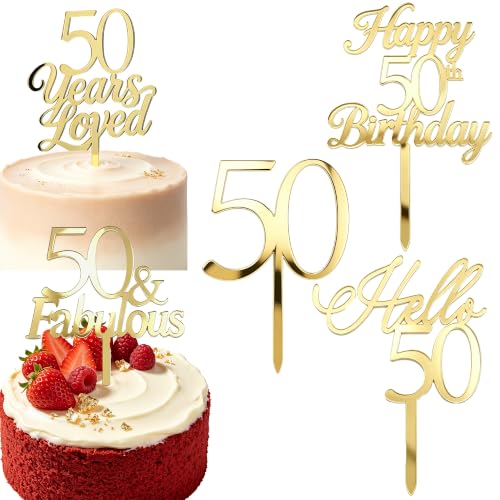 Gold Mirror Acrylic Cake Toppers Set of 5 for 50th Birthday & Anniversary