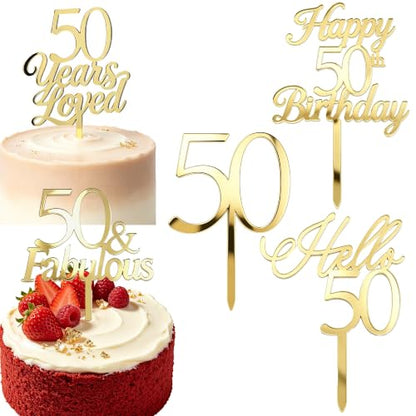 Gold Mirror Acrylic Cake Toppers Set of 5 for 50th Birthday & Anniversary