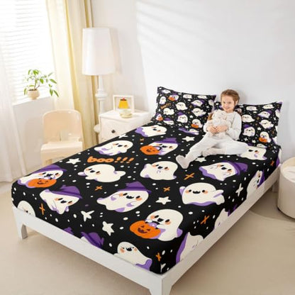 King Size Kids Ghost Bed Sheet Set with Bow Tie Pumpkin Stars Halloween Bedding - Brown