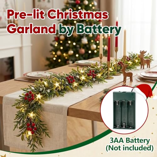 6FT Pre-Lit Christmas Garland with Lights - Battery Operated, Warm White LED, Timer