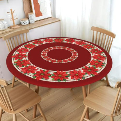 Christmas Round Fitted Tablecloth 43 Inch with Elastic Red Floral Design