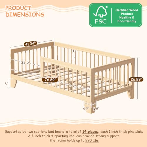 Twin Montessori Floor Bed for Kids with Removable Rails - Burlywood