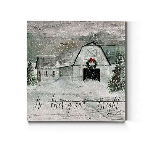 32x32 Inch Holiday Wall Art Canvas - Be Merry and Bright Winter Decor, Festive Barn Faux Wood Look, Ready to Hang, Made in USA