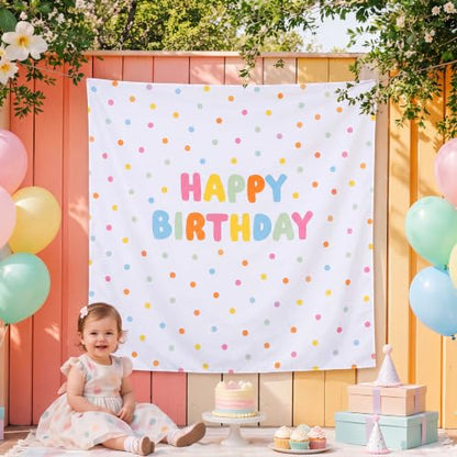 Happy Birthday Backdrop Tapestry Fabric Banner - Pastel, 59x59 Inches