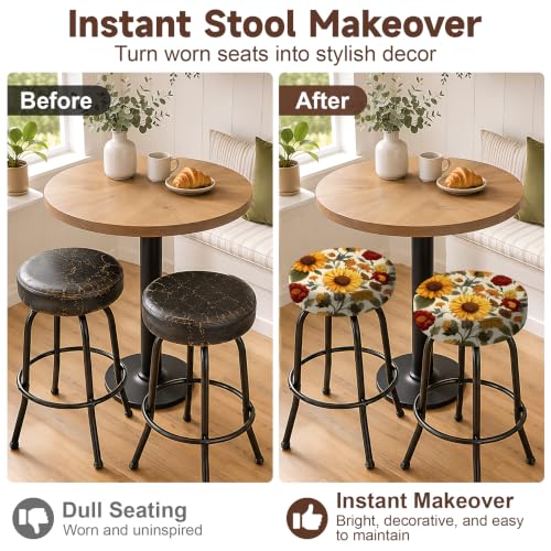 Sunflower Floral Round Stool Cover 12-15 Inch Fits Bar & Kitchen Seats - 2PCS