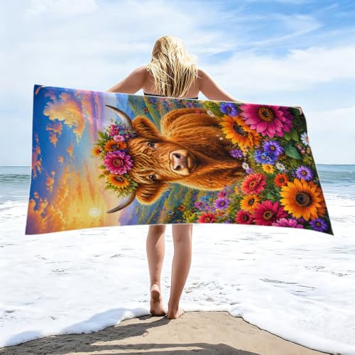 Highland Cow Pattern Beach Towel 36x72 Inch - Wildflower Variation