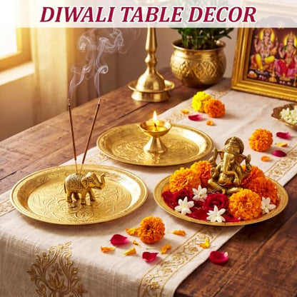 6 Pcs Gold Finish Indian Pooja Thali Tray Set for Religious & Festive Gift Giving