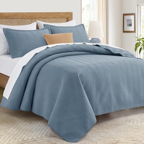 Twin Quilt Set with Wave Pattern - Washed Blue Bedspread 2 Pack - Linen Embossed Design