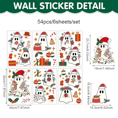 Self-Adhesive Christmas Ghost Window Clings - Style 8, Holiday Decor, 6 Sheets