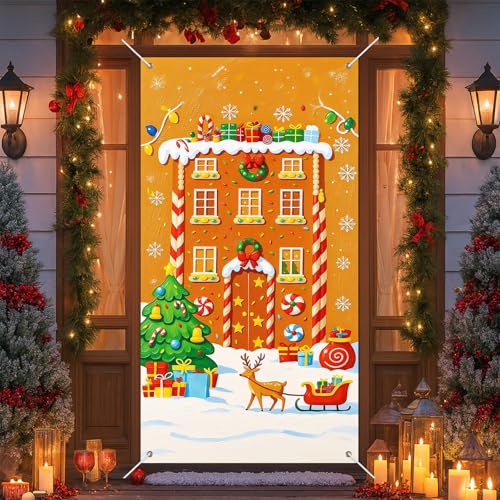 IVN Christmas Reindeer House Door Cover Banner - Classic Gingerbread Design 71 x 35 Inch