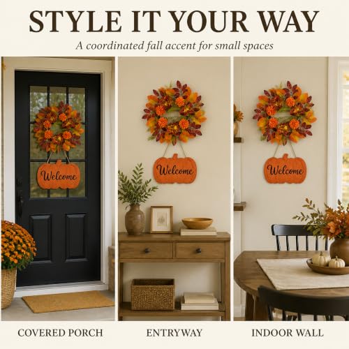 Fall Wreath with Pumpkin Welcome Sign for Front Door - Autumn Harvest Decor