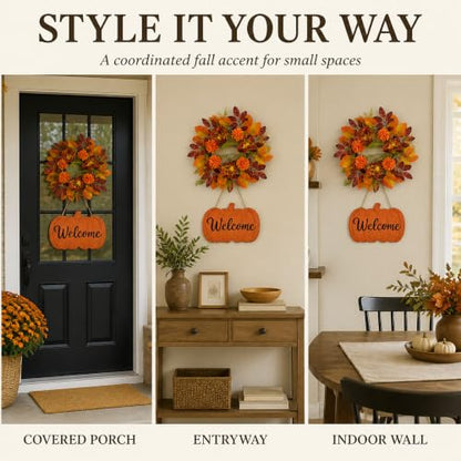 Fall Wreath with Pumpkin Welcome Sign for Front Door - Autumn Harvest Decor