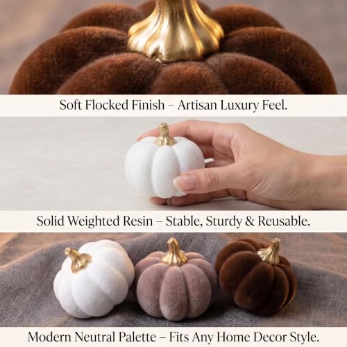 6Pcs Fall Pumpkin Decor Set - Small Velvet Flocked Resin Figurines, White & Brown