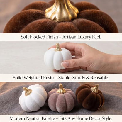 6Pcs Fall Pumpkin Decor Set - Small Velvet Flocked Resin Figurines, White & Brown