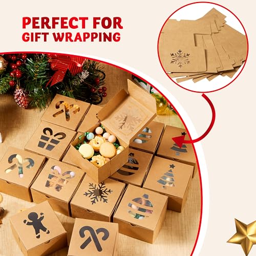 Brown Christmas Cookie Gift Boxes - 36 Pack with Window, 4x4x2.5 Inches