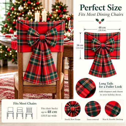 Christmas Bow Chair Back Covers - Red & Green Plaid Linen Holiday Seat Slipcovers with Adjustable Bows - Set of 4