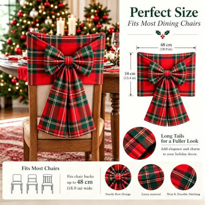 Christmas Bow Chair Back Covers - Red & Green Plaid Linen Holiday Seat Slipcovers with Adjustable Bows - Set of 4