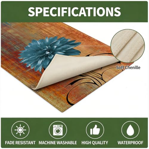 Rust and Blue Chenille Table Runner 13 x 90 Inches - Spring Summer Decor