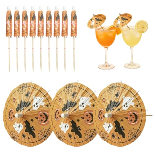 Halloween Cocktail Umbrella Picks with Pumpkin Ghost Bat Design - 50 Pcs