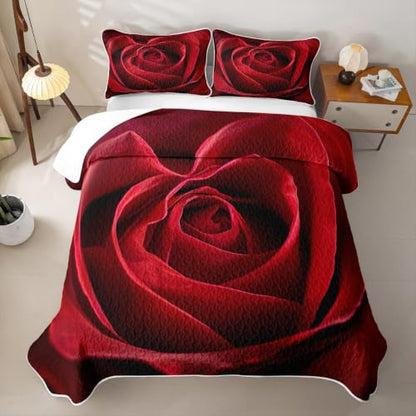 Red Black Queen Quilt Set with Rose Print & Pillowcases - Romantic Flower Bedding