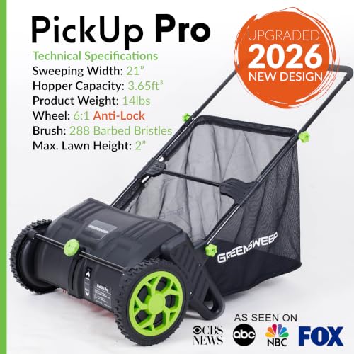 GreenSweep Pickup Pro V26 Black Lawn Sweeper with AntiLock Drive, Large Capacity