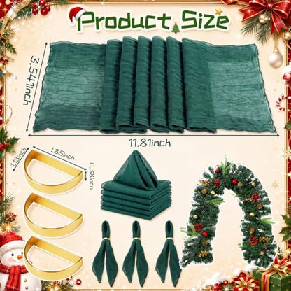 Christmas Table Decor Set with Dark Green Runner Napkins Rings & Garland - 14 Pieces