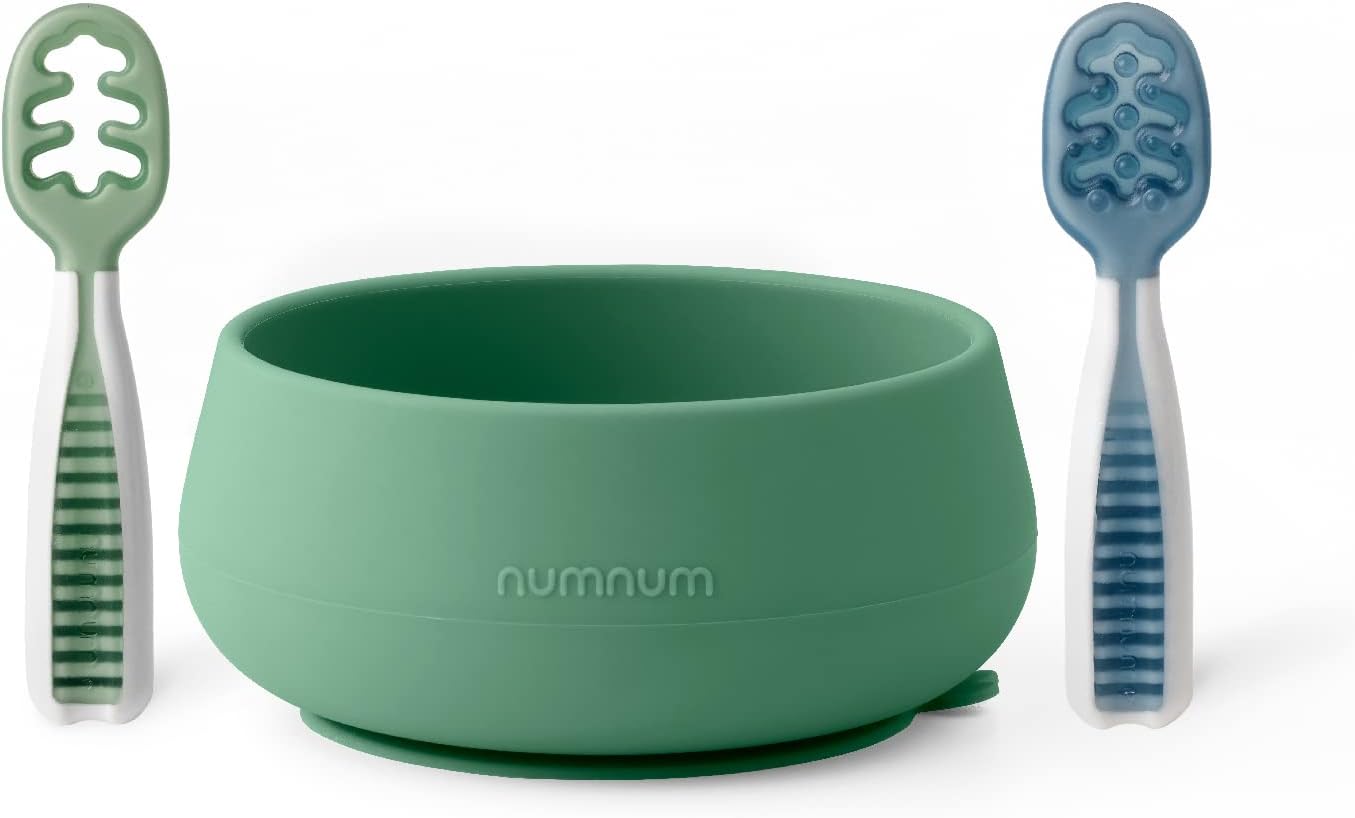NumNum Baby Bowl & GOOtensils Spoons - Suction Bowls for 4+ Months, Non-Slip, BPA-Free Silicone (Green/Blue)