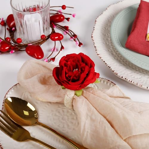 Rose Flower Napkin Rings Set of 6 - Handcrafted Wedding Table Decor - RedRoseX12