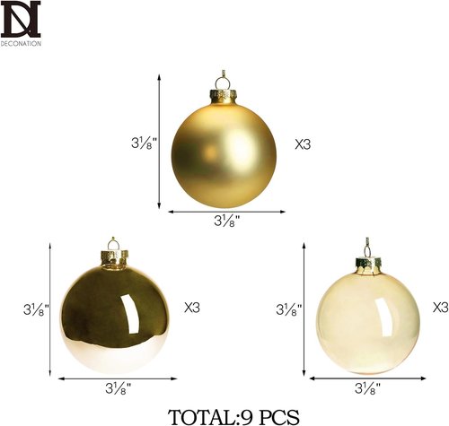 DN DECONATION Gold Glass Christmas Ornaments - Set of 9 Hanging Baubles for Tree Decoration | 3.15" Size