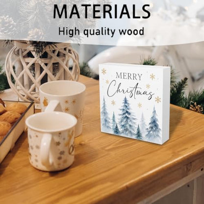 Christmas Tree Wooden Sign Decor 5x5 Inches with Blue Watercolor Pines Variation