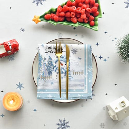 Christmas Tablecloth 60 x 84 Inch Rectangular Blue Snowman Pine - Holiday Decor