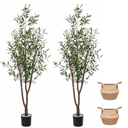 7FT Artificial Olive Trees with Baskets - Faux Tall Tree Set, Olive Variation