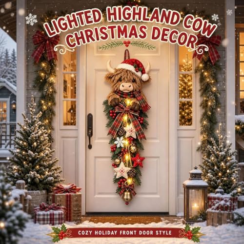 Lighted Highland Cow Christmas Door Swag - Farmhouse Holiday Decor - Orange