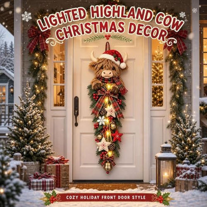 Lighted Highland Cow Christmas Door Swag - Farmhouse Holiday Decor - Orange
