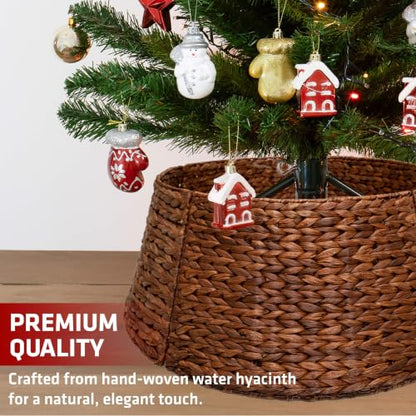 24-Inch Handwoven Water Hyacinth Christmas Tree Collar with Metal Frame - Dark Brown