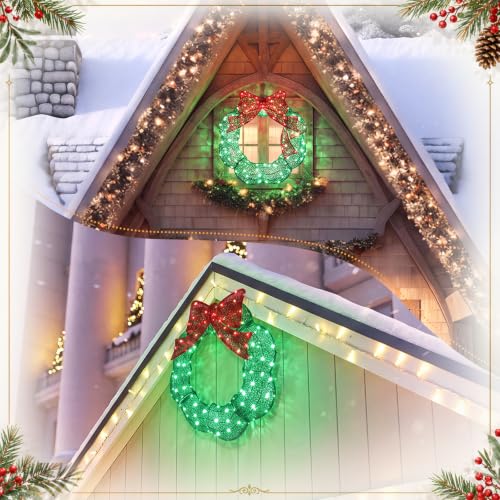 24 Inch Pre-lit Christmas Wreath Outdoor Metal with Red & Green LED Lights - Baquler