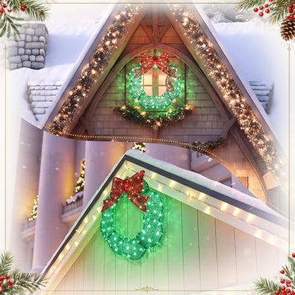 24 Inch Pre-lit Christmas Wreath Outdoor Metal with Red & Green LED Lights - Baquler