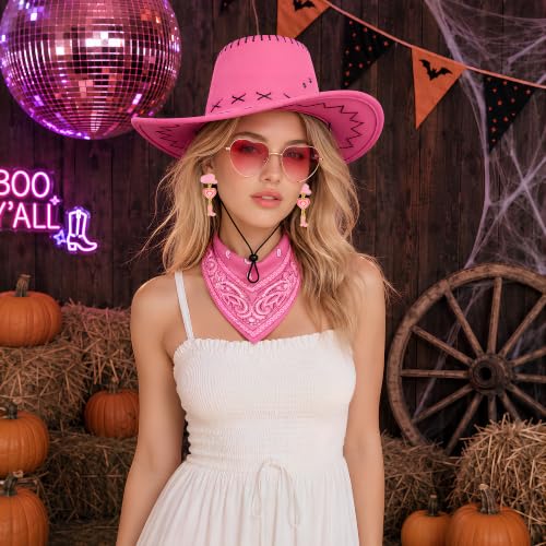 Pink Cowgirl Hat with Heart-Shaped Sunglasses & Bandana - Costume Accessory Set