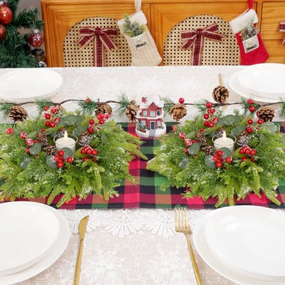 Green 6 Pcs Small Christmas Wreaths for Cabinets with Red Ribbon & Berries