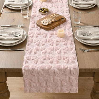 Pink Faux Fur Jacquard Bows Table Runner 13x72 Inch Valentine Home Decor