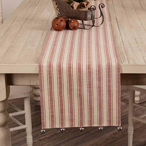 Sleigh Bells Ring Ticking Stripe Farmhouse Christmas Table Runner 90" - Red & Cream with Bells