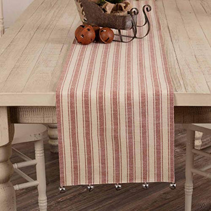 Sleigh Bells Ring Ticking Stripe Farmhouse Christmas Table Runner 90" - Red & Cream with Bells