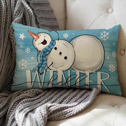Hello Winter Snowman Blue Lumbar Throw Pillow Cover 12x20 Pack of 4