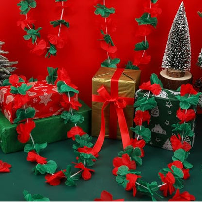 Christmas Leis 24 Pack Red and Green Flower Hawaiian Party Decorations - Festive Holiday Accessories